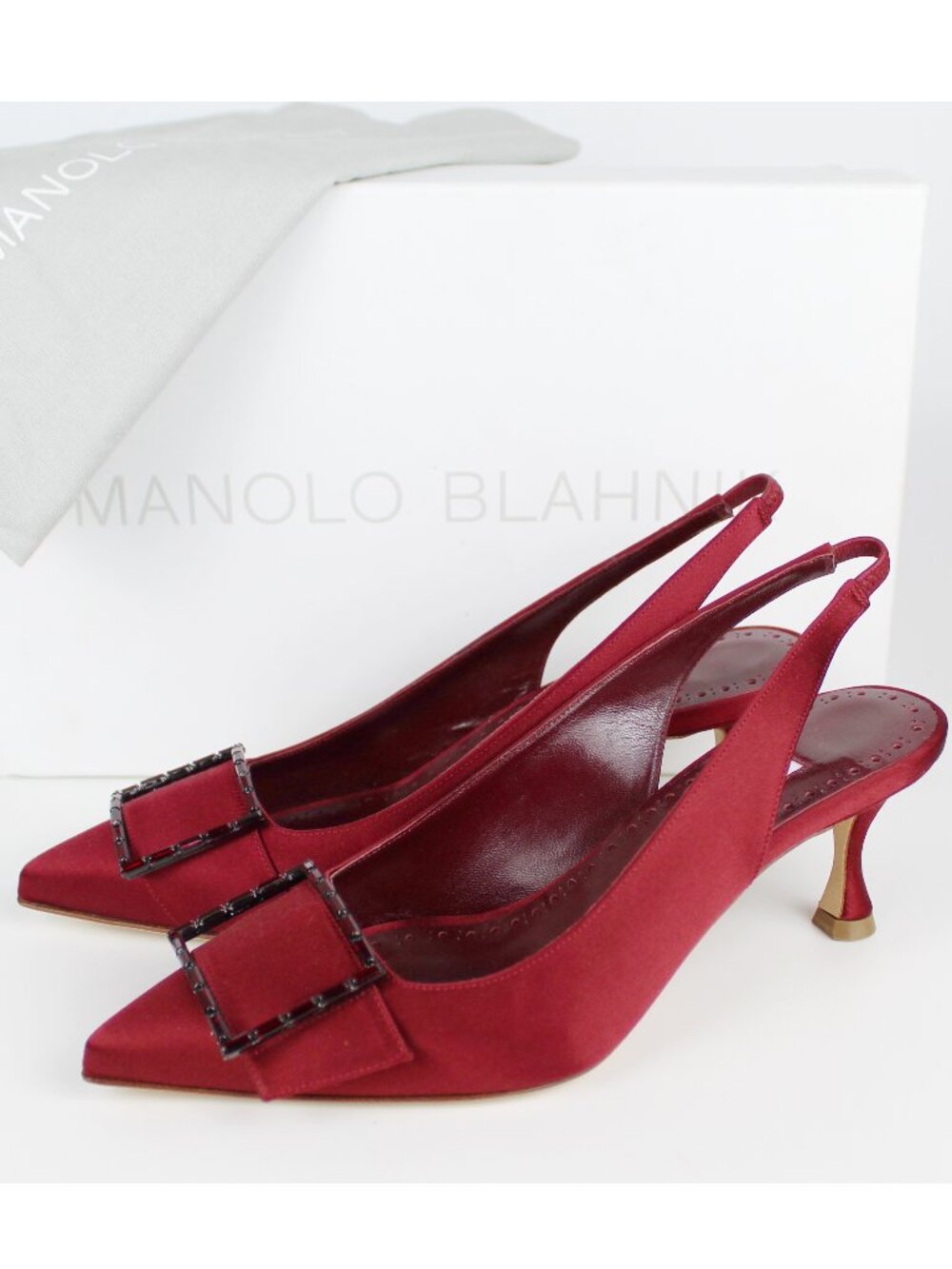 NEW MANOLO BLAHNIK Satin Crystal Buckle Slingback Pumps, Red, EU 35